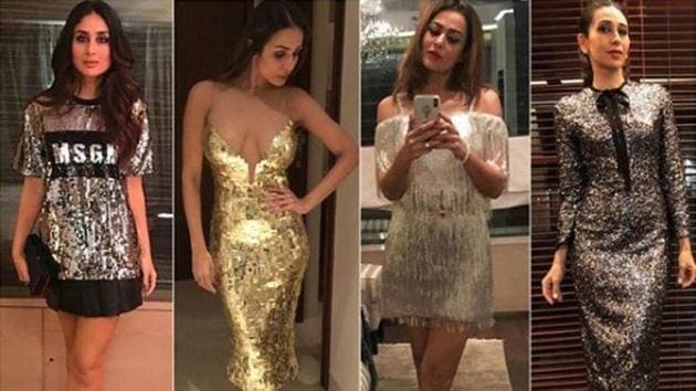 Many of film industry’s leading ladies, including actors Kareena Kapoor, Malaika Arora, Amrita Arora and Karisma Kapoor, opted for the futuristic-inspired look at Shah Rukh Khan’s recent party.(Instagram/ Peeping Moon)