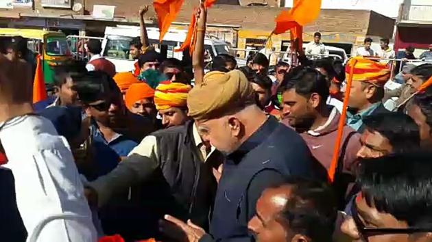 Karni Sena founder Lokendra Singh Kalvi at the rally. (HT Photo) Karni Sena founder Lokendra Singh Kalvi at the rally. (HT Photo)
