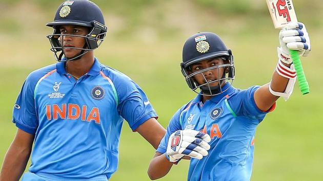 Prithvi Shaw (R) celebrates after India’s win over Papua New Guinea in the ICC U-19 Cricket World Cup. (ICC)