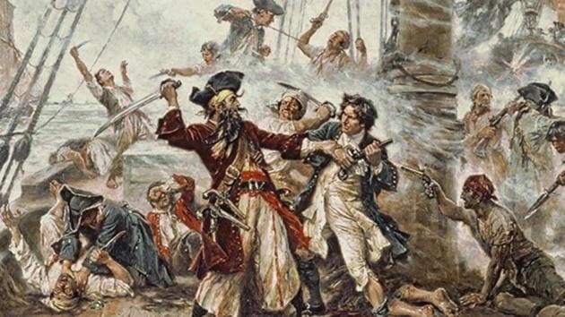 Capture of the Pirate, Blackbeard, 1718 by Jean Leon Gerome Ferris depicts the battle between Blackbeard the Pirate and Lieutenant Maynard in Ocracoke Bay. (Wikimedia Commons) Capture of the Pirate, Blackbeard, 1718 by Jean Leon Gerome Ferris depicts the battle between Blackbeard the Pirate and Lieutenant Maynard in Ocracoke Bay. (Wikimedia Commons)
