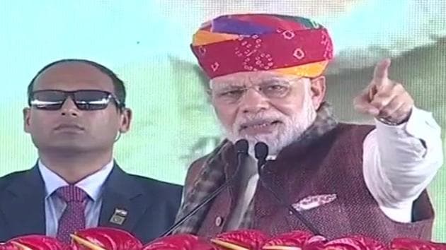Prime Minister Narendra Modi in Barmer on Tuesday. (ANI Twitter) Prime Minister Narendra Modi in Barmer on Tuesday. (ANI Twitter)