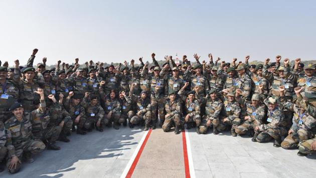 Soldiers celebrated Army Day with great enthusiasm across the country. The Army chief said that an Aadhar-based mobile application is being developed through which personnel will be able to post their grievances online and receive swift resolution. (Burhaan Kinu / HT Photo)