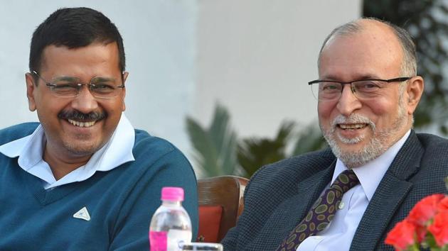 Delhi Lt Governor Anil Baijal with chief minister Arvind Kejriwal at an event.(PTI Photo)