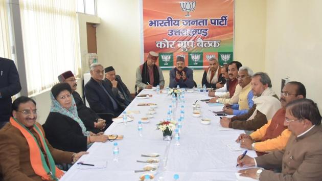 Chief minister TS Rawat at the BJP meeting in Dehradun on Tuesday.(Vinay S Kumar/ HT Photo)