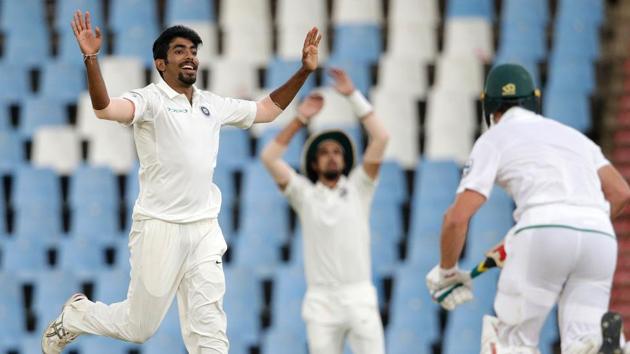 Indian cricket team’s Jasprit Bumrah (L) reacts after a narrow miss against South Africa cricket team’s AB de Villiers (R) during the third day of the second Test at Supersport cricket ground in Centurion on Monday. (AFP) Indian cricket team’s Jasprit Bumrah (L) reacts after a narrow miss against South Africa cricket team’s AB de Villiers (R) during the third day of the second Test at Supersport cricket ground in Centurion on Monday. (AFP)