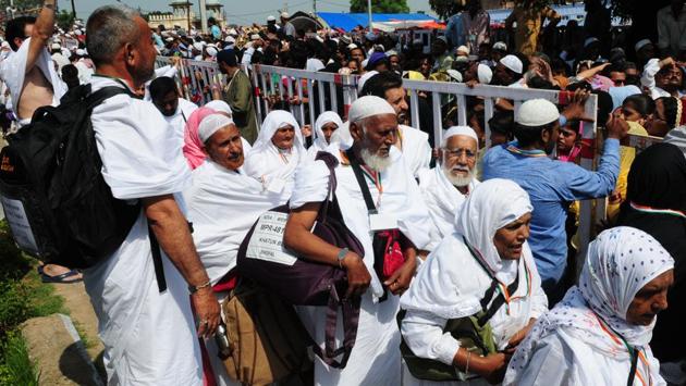 Haj pilgrims at Taj-ul-Masajid transit point before leaving for Haj in Bhopal, India. There will be no subsidy for Haj pilgrims from this year, minority affairs minister Mukhtar Abbas Naqvi said Tuesday. Naqvi told reporters that despite the subsidy withdrawal, a record number of 1.75 lakh Muslims will undertake the pilgrimage this year from India. (Mujeeb Faruqui / HT File) Haj pilgrims at Taj-ul-Masajid transit point before leaving for Haj in Bhopal, India. There will be no subsidy for Haj pilgrims from this year, minority affairs minister Mukhtar Abbas Naqvi said Tuesday. Naqvi told reporters that despite the subsidy withdrawal, a record number of 1.75 lakh Muslims will undertake the pilgrimage this year from India. (Mujeeb Faruqui / HT File)