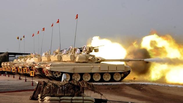 The ear-deafening thunder of tanks and infantry combat vehicles (ICVs), unleashed lethal and accurate fire power at the KK Ranges near Ahmednagar. Fire power, manoeuvre exercises and displays of equipment were held here on the occasion of Army day. (HT Photo)