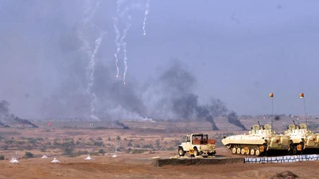 Indian Army displays firepower demonstration at KK ranges, Ahmednagar. (HT PHOTO) 