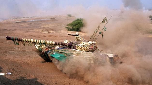 A tank in action during a fire drill exercise at KK ranges, Ahmednagar  (HT PHOTO) 