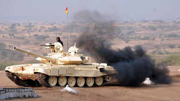 Army tank in action during the fire drill at KK ranges, Ahmednagar. (HT PHOTO) 
