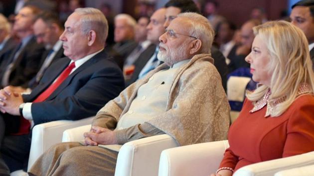 Prime Minister Narendra Modi with his Israeli counterpart Benjamin Netanyahu and his wife at the Raisina Dialogue in New Delhi on Tuesday. (PTI Photo) Prime Minister Narendra Modi with his Israeli counterpart Benjamin Netanyahu and his wife at the Raisina Dialogue in New Delhi on Tuesday. (PTI Photo)