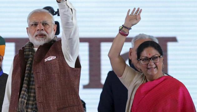 Prime Minister Narendra Modi and Rajasthan Chief Minister Vasundhara Raje at the ‘work commencement’ function of barmer refinery in Barmer on Tuesday. (PTI) Prime Minister Narendra Modi and Rajasthan Chief Minister Vasundhara Raje at the ‘work commencement’ function of barmer refinery in Barmer on Tuesday. (PTI)