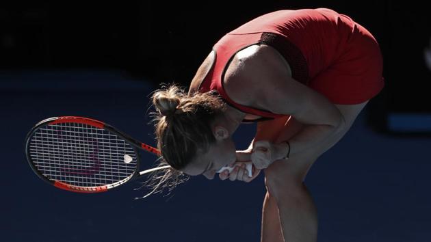 Simona Halep of Romania celebrates after winning a crucial point against Australia's Destanee Aiava during their first round match at the Australian Open tennis championships in Melbourne on Tuesday. (AP) Simona Halep of Romania celebrates after winning a crucial point against Australia's Destanee Aiava during their first round match at the Australian Open tennis championships in Melbourne on Tuesday. (AP)