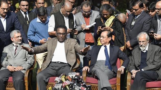 Supreme Court judge Jasti Chelameswar along justice Ranjan Gogoi, justice Madan Lokur and justice Kurian Joseph during a press conference in New Delhi on Friday. (PTI Photo) Supreme Court judge Jasti Chelameswar along justice Ranjan Gogoi, justice Madan Lokur and justice Kurian Joseph during a press conference in New Delhi on Friday. (PTI Photo)