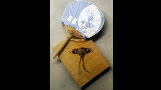 An uchiwa (hand fan) and a moth made from brunt paper by a Japanese artist is placed to recreate a traditional Japanese environment. Keeping insects as pets is quite common in Japan and this one in particular will be ‘caged’ in a wooden cubic structure made with sticks and displayed on the tokonoma. (Samir Jana / HT Photo) An uchiwa (hand fan) and a moth made from brunt paper by a Japanese artist is placed to recreate a traditional Japanese environment. Keeping insects as pets is quite common in Japan and this one in particular will be ‘caged’ in a wooden cubic structure made with sticks and displayed on the tokonoma. (Samir Jana / HT Photo)