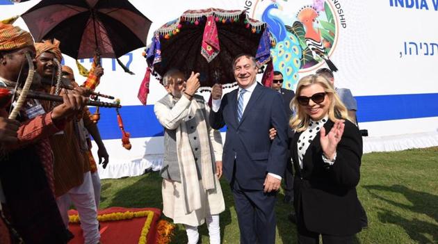 Israeli PM Benjamin Netanyahu and his wife Sara along with PM Narendra Modi in Ahmedabad on Wednesday. (MEA Twitter) Israeli PM Benjamin Netanyahu and his wife Sara along with PM Narendra Modi in Ahmedabad on Wednesday. (MEA Twitter)