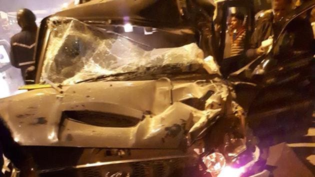 Eyewitnesses told police that the driver of the Scorpio (above) lost control, hit the truck and jumped the divider around 10.30pm. (Sourced) Eyewitnesses told police that the driver of the Scorpio (above) lost control, hit the truck and jumped the divider around 10.30pm. (Sourced)