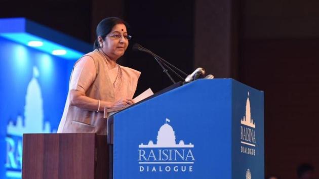 Minister of external affairs Sushma Swaraj speaking at the Raisina Dialogue in New Delhi on Wednesday. (Raveesh Kumar/Twitter) Minister of external affairs Sushma Swaraj speaking at the Raisina Dialogue in New Delhi on Wednesday. (Raveesh Kumar/Twitter)