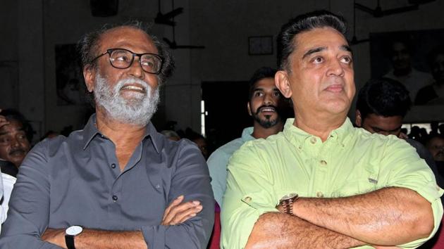 Actors Rajinikanth (L) and Kamal Haasan at the launch of the movie Kizhakku Africavil Raju in Chennai on Wednesday.(PTI)
