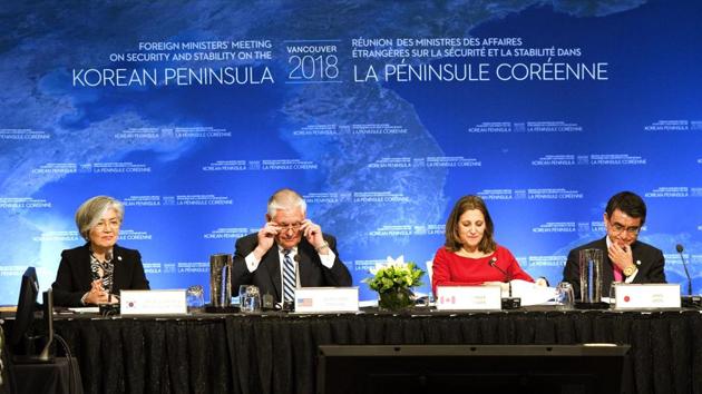 (L-R) South Korean foreign minister Kang Kyung-wha, US secretary of state Rex Tillerson, Canadian foreign minister Chrystia Freeland and Japanese foreign minister Taro Kono attend the Foreign Ministers' Meeting on Security and Stability on the Korean Peninsula, in Vancouver, British Columbia Canada on January 16, 2018. (AFP Photo) (L-R) South Korean foreign minister Kang Kyung-wha, US secretary of state Rex Tillerson, Canadian foreign minister Chrystia Freeland and Japanese foreign minister Taro Kono attend the Foreign Ministers' Meeting on Security and Stability on the Korean Peninsula, in Vancouver, British Columbia Canada on January 16, 2018. (AFP Photo)