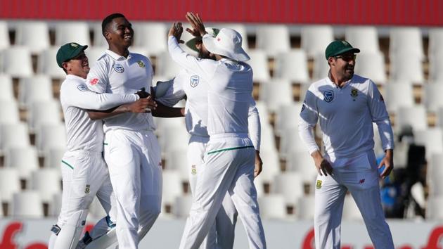 South African bowler Lungi Ngidi (2nd from L) celebrates the dismissal of Indian captain Virat Kohli (not in picture) during the fourth day of the second Test cricket match between South Africa and India at Supersport cricket in Centurion. (AFP) South African bowler Lungi Ngidi (2nd from L) celebrates the dismissal of Indian captain Virat Kohli (not in picture) during the fourth day of the second Test cricket match between South Africa and India at Supersport cricket in Centurion. (AFP)