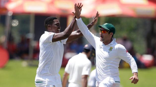 South African pacer Lungi Ngidi (L) celebrates the dismissal of Indian batsman Hardik Pandya (not pictured) during the fifth day of the second Test match between South Africa and India at SuperSport Park in Centurion on Wednesday.(AFP)