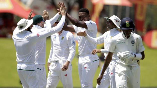 South African bowler Lungi Ngidi (3rd R) celebrates the dismissal of Indian batsman Hardik Pandya (R) during the fifth day of the second Test match between South Africa and India at Supersport cricket ground in Centurion on Wednesday. (Gianluigi Guercia / AFP) South African bowler Lungi Ngidi (3rd R) celebrates the dismissal of Indian batsman Hardik Pandya (R) during the fifth day of the second Test match between South Africa and India at Supersport cricket ground in Centurion on Wednesday. (Gianluigi Guercia / AFP)