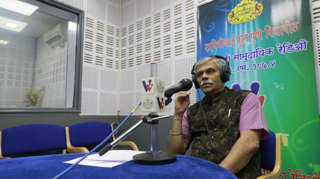 Vice-chancellor, Nitin Karmalkar in Vidya Wahini at SSavitribai Phule Pune University on Friday.(RAHUL RAUT/HT PHOTO)