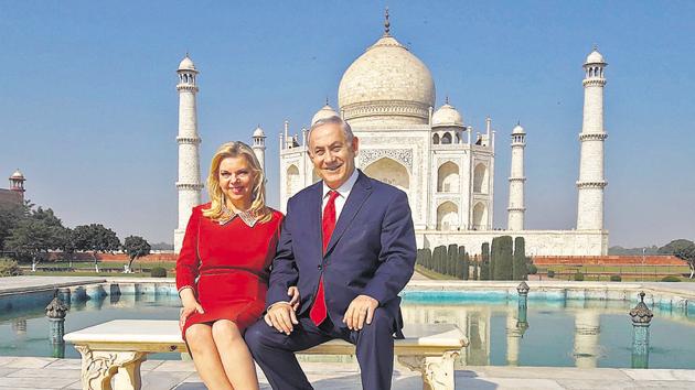 Israeli Prime Minister Benjamin Netanyahu and his wife Sara at the Taj Mahal in Agra on Tuesday. (AFP) Israeli Prime Minister Benjamin Netanyahu and his wife Sara at the Taj Mahal in Agra on Tuesday. (AFP)
