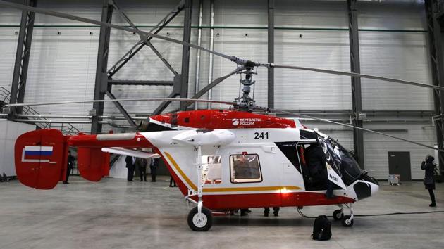 A picture taken on November 29, 2017 shows a Russian Kamov Ka-226 utility helicopter in a hangar of the Russian Helicopters holding company outside Moscow.(AFP)