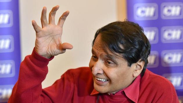 Union commerce and industry minister Suresh Prabhu addresses media during the signing of an MoU between Department of Commerce and CII on logistic sector, in New Delhi.(PTI Photo)