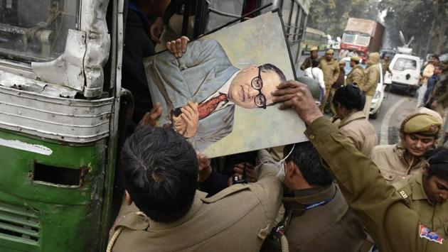 Police detain members of different student organisations during a protest in front of the HRD Ministry office at Shashtri Bhawan, New Delhi, demanding the sacking of the Vice Chancellor of Hyderabad Central University. (Vipin Kumar / HT Photo) Police detain members of different student organisations during a protest in front of the HRD Ministry office at Shashtri Bhawan, New Delhi, demanding the sacking of the Vice Chancellor of Hyderabad Central University. (Vipin Kumar / HT Photo)