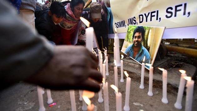 Activists of various organizations take part in a candle-light march to observe Vemula’s first death anniversary in New Delhi. ‘Justice for Rohith Vemula,’ a committee of students and faculty members, will observe ‘Rohith Shahadat Day’ — or martyrdom day — on January 17 and hold a convention at the University of Hyderabad auditorium to discuss discrimination against Dalits. (Virendra Singh Gosain / HT Photo) Activists of various organizations take part in a candle-light march to observe Vemula’s first death anniversary in New Delhi. ‘Justice for Rohith Vemula,’ a committee of students and faculty members, will observe ‘Rohith Shahadat Day’ — or martyrdom day — on January 17 and hold a convention at the University of Hyderabad auditorium to discuss discrimination against Dalits. (Virendra Singh Gosain / HT Photo)