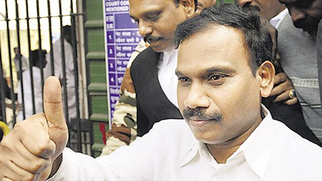 Former telecom minister A Raja reacts as he leaves the Patiala House Courts after he was acquitted by a special court in the 2G scam case, in New Delhi.(PTI File Photo)