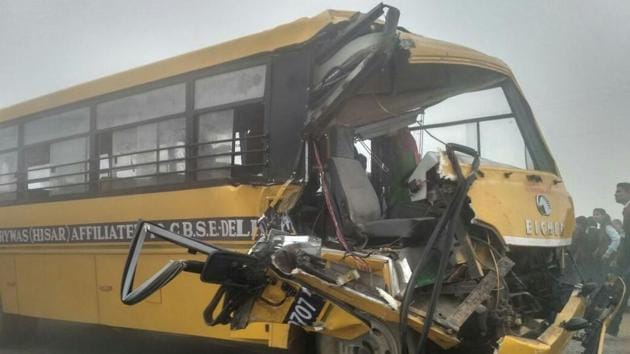 Mangled remains of the school bus near Chaudharywas village in Hisar district on Thursday. (HT Photo) Mangled remains of the school bus near Chaudharywas village in Hisar district on Thursday. (HT Photo)