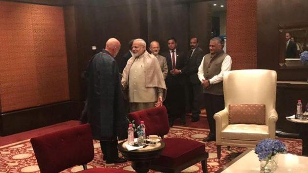 Former Afghanistan president Hamid Karzai meets Narendra Modi during the Raisina Dialogue on January 16. (Hamid Karzai/Twitter) Former Afghanistan president Hamid Karzai meets Narendra Modi during the Raisina Dialogue on January 16. (Hamid Karzai/Twitter)