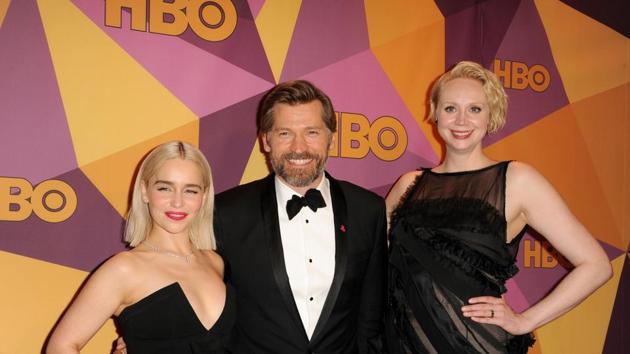 Emilia Clarke, Nikolaj Coster Waldau and Gwendoline Christie at the HBO’s 2018 Official Golden Globe Awards After Party held at the Circa 55 Restaurant in Beverly Hills, USA.(Shutterstock)