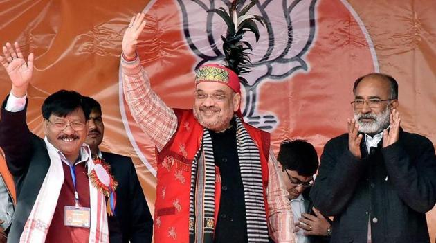 BJP president Amit Shah at an election rally in West Garo Hills, Meghalaya.(PTI File Photo)
