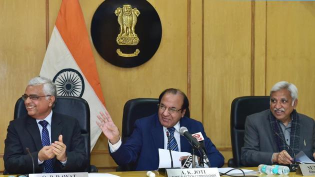 Chief Election Commissioner A K Joti flanked by Election Commissioners Sunil Arora and O P Rawat announces the schedule for Meghalaya, Tripura and Nagaland assembly elections, at a press conference in New Delhi on Thursday. (PTI Photo) Chief Election Commissioner A K Joti flanked by Election Commissioners Sunil Arora and O P Rawat announces the schedule for Meghalaya, Tripura and Nagaland assembly elections, at a press conference in New Delhi on Thursday. (PTI Photo)