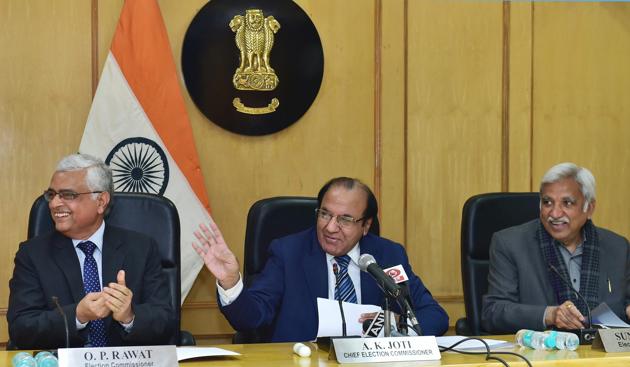 Chief Election Commissioner AK Joti flanked by Election Commissioners Sunil Arora and OP Rawat announces the schedule for Meghalaya, Tripura and Nagaland assembly elections, at a press conference in New Delhi on Thursday.(PTI Photo)