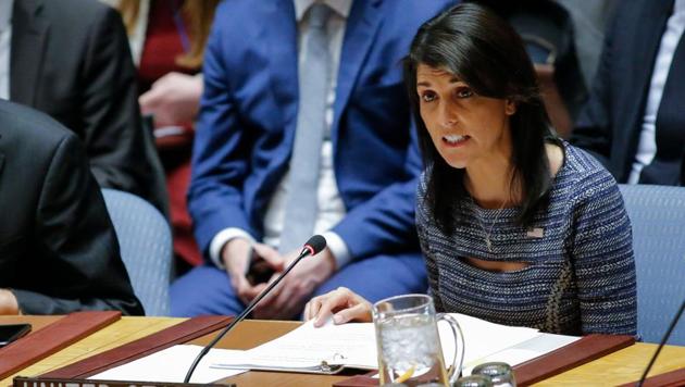 US Ambassador to the UN Nikki Haley speaks during a Security Council meeting at the UN Headquarters in New York City. (AFP) US Ambassador to the UN Nikki Haley speaks during a Security Council meeting at the UN Headquarters in New York City. (AFP)