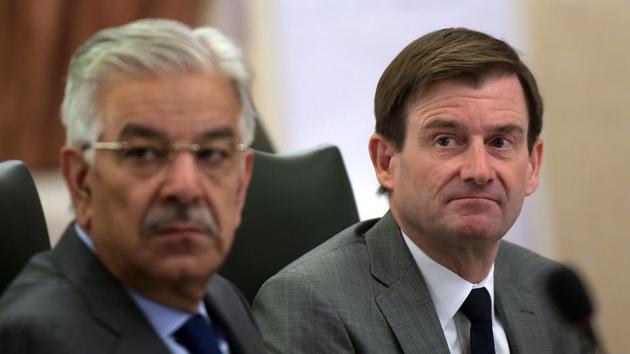 This file photo taken on November 6, 2017 shows US ambassador to Pakistan David Hale (R) and Pakistani foreign minister Khawaja Muhammad Asif attending the 4th Round of the US-Pakistan bilateral dialogue in Islamabad. (AFP) This file photo taken on November 6, 2017 shows US ambassador to Pakistan David Hale (R) and Pakistani foreign minister Khawaja Muhammad Asif attending the 4th Round of the US-Pakistan bilateral dialogue in Islamabad. (AFP)