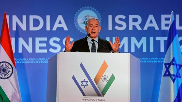 Israeli Prime Minister Benjamin Netanyahu speaks during the India-Israel Business Summit in Mumbai, India January 18, 2018. Netanyahu met business leaders, and addressed the India-Israel Business Summit in Mumbai. He also paid tribute to the November 2008 terror attack victims and met with 11-year-old Moshe Holtzberg at Nariman House. (Danish Siddiqui / REUTERS) Israeli Prime Minister Benjamin Netanyahu speaks during the India-Israel Business Summit in Mumbai, India January 18, 2018. Netanyahu met business leaders, and addressed the India-Israel Business Summit in Mumbai. He also paid tribute to the November 2008 terror attack victims and met with 11-year-old Moshe Holtzberg at Nariman House. (Danish Siddiqui / REUTERS)