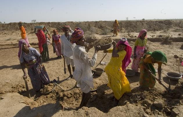 Under Mahatma Gandhi National Rural Employment Guarantee Act, 100 mandays of work are provided in a year. Rajasthan stood second last year across India in terms of providing mandays. (HT Photo) Under Mahatma Gandhi National Rural Employment Guarantee Act, 100 mandays of work are provided in a year. Rajasthan stood second last year across India in terms of providing mandays. (HT Photo)