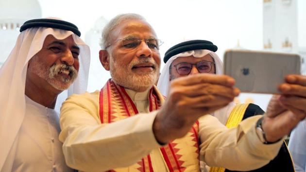 Prime Minister Narendra Modi takes a selfie during his two-day visit to the UAE on August 16, 2015.(AP File Photo)