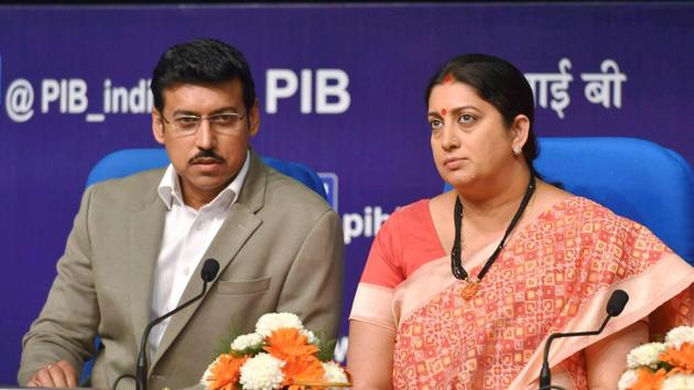 Information and broadcasting minister Smriti Zubin Irani (R) with minister of state Col Rajyavardhan Rathore in New Delhi. (PTI) Information and broadcasting minister Smriti Zubin Irani (R) with minister of state Col Rajyavardhan Rathore in New Delhi. (PTI)