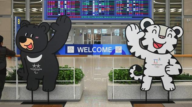The mascots of the 2018 Pyeongchang Winter Olympics at the arrival gate of Terminal 2 of Incheon International Airport, west of Seoul, on Thursday. Incheon airport, South Korea's top gateway, opened its second terminal, three weeks before the opening of the Pyeongchang Olympics.(AFP)