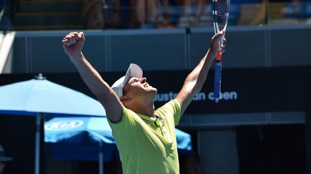 Austria's Dominic Thiem celebrates beating Denis Kudla of the US in their men's singles second round match. (AFP)