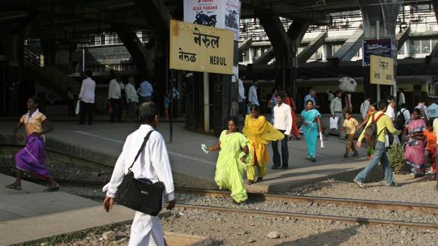 Nerul station has shops blocking the stairs. (HT File) Nerul station has shops blocking the stairs. (HT File)