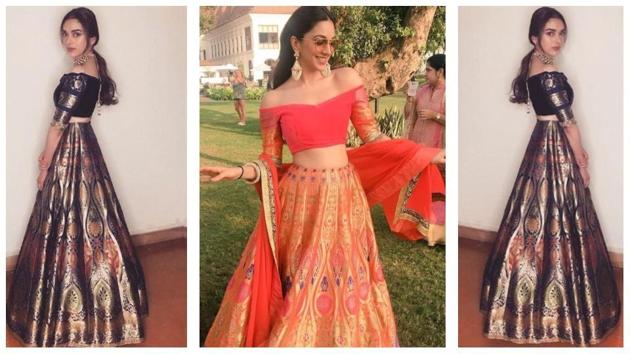 Do you prefer the relaxed vibe in the bright lehenga Kiara wore (centre), or Aditi’s sophisticated, polished and more subtle version?(Instagram)